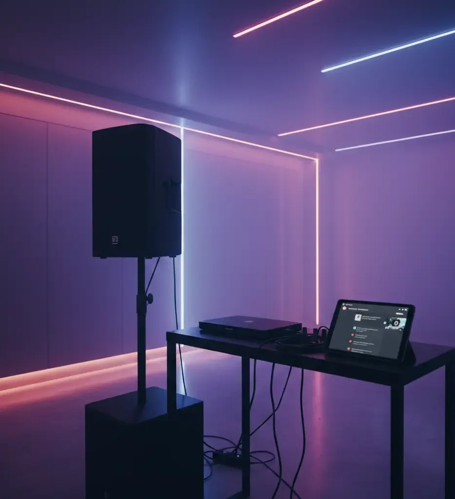 Setup de evento pequeño con parlante B3, luz LED ambiental y máquina de humo, ideal para reuniones íntimas.